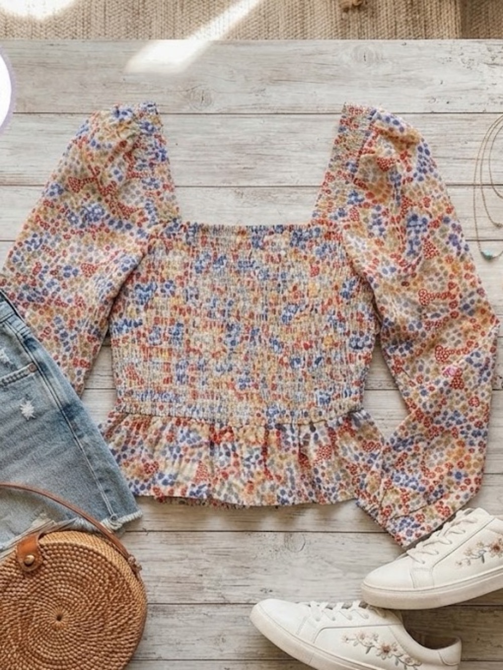 Smocked Cropped Floral Top